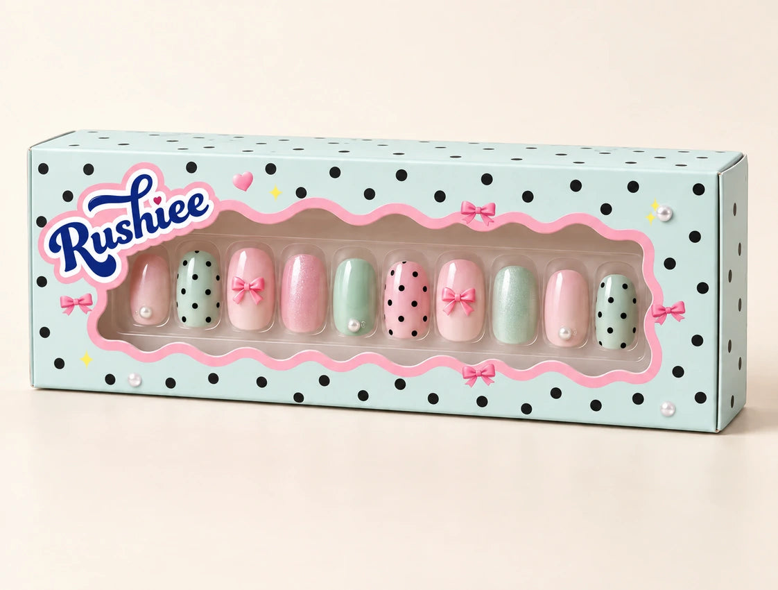 Rushiee press-on nails in Pantone 317 C mint packaging